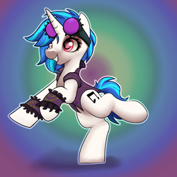 Size: 3000x3000 | Tagged: safe, artist:dumbwoofer, dj pon-3, vinyl scratch, pony, unicorn, g4, clothes, dancing, eyeshadow, female, goggles, gradient background, horn, jacket, makeup, mare, red eyes, smiling, solo, steampunk