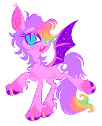Size: 1612x2000 | Tagged: safe, artist:webkinzworldz, oc, oc only, oc:cosmic dawn (webkinzworldz), bat pony, pony, bat pony oc, big ears, big eyes, blue eyes, blush scribble, blushing, chest fluff, colored pinnae, colored wings, concave belly, cute, cute little fangs, ear tufts, eye clipping through hair, eyelashes, eyeshadow, fangs, lidded eyes, long legs, long mane male, long tail, makeup, male, multicolored mane, multicolored tail, open mouth, open smile, pink coat, purple mane, purple tail, raised hoof, raised leg, shiny hooves, simple background, slender, slit pupils, smiling, solo, stallion, standing, starry wings, tail, thin, two toned wings, white background, wings