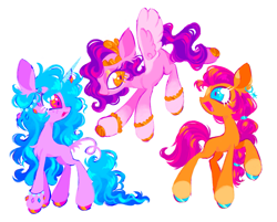 Size: 2047x1648 | Tagged: safe, artist:webkinzworldz, izzy moonbow, pipp petals, sunny starscout, earth pony, pegasus, pony, unicorn, g5, alternate design, alternate eye color, bangles, big ears, big eyes, blue eyes, blue mane, blue tail, bracelet, braid, braided ponytail, coat markings, colored eartips, colored hooves, colored horn, colored pinnae, colored wings, concave belly, crown, ear fluff, eyelashes, eyeshadow, facial markings, female, flying, freckles, gold hooves, hair accessory, hooves, horn, horn jewelry, jewelry, leonine tail, lidded eyes, long horn, long legs, long mane, long neck, long tail, looking at each other, looking at someone, makeup, mare, multicolored mane, multicolored tail, open mouth, open smile, orange coat, orange eyes, pink coat, pink eyes, pink mane, pink tail, ponytail, profile, purple coat, purple mane, purple tail, redraw, regalia, shiny hooves, simple background, slender, smiling, snip (coat marking), socks (coat markings), sparkly eyes, spread wings, star (coat marking), tail, tail fluff, tall, thin, tiara, tied mane, trio, trio female, two toned wings, wall of tags, white background, wingding eyes, wings