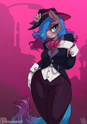 Size: 2800x4000 | Tagged: safe, artist:atryl, oc, oc only, oc:fairy floss, earth pony, anthro, abstract background, anthro oc, city, clothes, commission, cravat, cuffs (clothes), digital art, female, flower, gloves, hair over one eye, hat, high res, patreon, patreon logo, smiling, solo, suit, vest