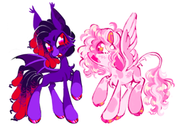 Size: 2048x1457 | Tagged: safe, artist:webkinzworldz, oc, oc only, unnamed oc, bat pony, pegasus, pony, ambiguous gender, art trade, bat pony oc, big ears, big eyes, blush scribble, blushing, chest fluff, cloven hooves, colored ears, colored hooves, colored muzzle, colored pinnae, colored wings, couple, curly mane, curly tail, cute, cute little fangs, dreadlocks, duo, ear tufts, fangs, floppy ears, hair accessory, height difference, leonine tail, long legs, looking at each other, looking at someone, multicolored mane, multicolored tail, multicolored wings, open mouth, open smile, pegasus oc, pink coat, pink mane, pink tail, purple coat, raised hoof, red eyes, shiny hooves, simple background, slit pupils, smiling, smiling at each other, sparkly eyes, splotches, spread wings, standing, tail, tail fluff, two toned mane, two toned tail, two toned wings, wall of tags, white background, wingding eyes, wings