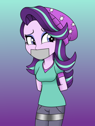 Size: 3000x4000 | Tagged: safe, artist:nightrain54, starlight glimmer, human, equestria girls, g4, beanie hat, breasts, equestria girls-ified, gag, gradient background, high res, solo, tape, tape gag, tied hands