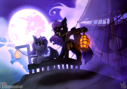 Size: 4000x2800 | Tagged: safe, artist:atryl, oc, oc only, bat pony, pony, bat pony oc, bat wings, commission, duo, female, full moon, high res, lantern, mare in the moon, moon, open mouth, ship, wings