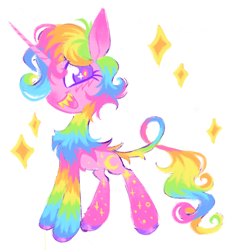 Size: 1698x1808 | Tagged: safe, artist:peaceandlove26, oc, oc only, unnamed oc, pony, unicorn, ambiguous gender, big ears, big eyes, big head, blush scribble, blushing, coat markings, colored eartips, colored hooves, colored muzzle, colored teeth, curly mane, curly tail, horn, leonine tail, long horn, long legs, long tail, looking at you, multicolored coat, multicolored hair, open mouth, open smile, pink coat, rainbow hair, rainbow tail, sharp teeth, shiny hooves, short mane, simple background, smiling, socks (coat markings), solo, sparkles, sparkly coat, standing, tail, tail fluff, teeth, unicorn oc, white background, yellow teeth