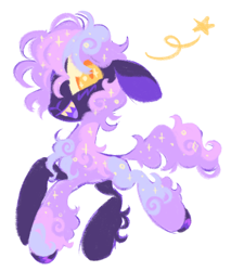 Size: 1472x1728 | Tagged: safe, artist:peaceandlove26, oc, oc only, sheep, ambiguous gender, back fluff, big ears, big eyes, chest fluff, colored hooves, colored mouth, colored pinnae, colored sclera, colored tongue, curly hair, curly tail, emanata, leg fluff, multicolored coat, open mouth, open smile, orange eyes, sharp teeth, shiny hooves, simple background, smiling, solo, sparkly coat, sparkly eyes, sparkly hair, sparkly tail, stars, tail, teeth, white background, wingding eyes, yellow sclera