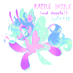Size: 1280x1280 | Tagged: safe, artist:webkinzworldz, oc, oc:razzle dazzle (webkinzworldz), butterfly, butterfly pony, flutter pony, hybrid, pony, antennae, big eyes, big head, blue text, colored hooves, colored teeth, colored wings, ear fluff, ear freckles, eyelashes, eyeshadow, flying, freckles, gradient legs, leonine tail, lidded eyes, long tail, looking back, makeup, male, multicolored ears, multicolored mane, multicolored tail, open mouth, open smile, pink coat, pink text, purple text, raised hoof, sharp teeth, shiny hooves, shiny mane, shiny tail, simple background, smiling, solo, sparkles, sparkly wings, spread wings, stallion, tail, teal mane, teal tail, teeth, text, two toned wings, white background, wings