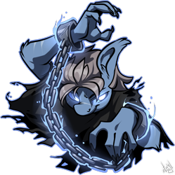 Size: 2516x2522 | Tagged: safe, artist:atryl, oc, oc only, earth pony, anthro, bust, chains, commission, cuffs, digital art, glowing, glowing eyes, halloween, handcuffed, high res, holiday, long nails, male, simple background, smiling, solo, transparent background