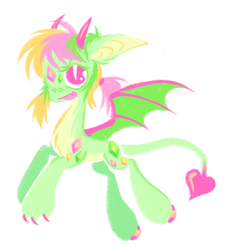 Size: 1532x1654 | Tagged: safe, artist:webkinzworldz, oc, oc only, unnamed oc, dracony, dragon, hybrid, original species, pony, ambiguous gender, big ears, big eyes, blushing, claws, colored belly, colored claws, colored eyelashes, colored hooves, colored horns, colored pinnae, colored wings, concave belly, cute, cute little fangs, ear fluff, fangs, flying, gem, gemstones, gradient tail, green coat, heart tail, long legs, long neck, open mouth, pale belly, pink eyes, ponytail, shiny hooves, shiny horns, short mane, simple background, slit pupils, smiling, solo, spread wings, tail, two toned mane, two toned wings, white background, wings