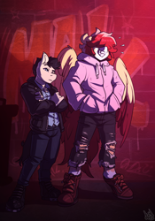 Size: 2800x4000 | Tagged: safe, artist:atryl, oc, oc:lancer, oc:waffle syrup, earth pony, pegasus, anthro, unguligrade anthro, brick wall, clothes, crossed arms, duo, graffiti, grin, hair over eyes, high res, hoodie, male, smiling