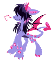 Size: 1648x1860 | Tagged: safe, artist:webkinzworldz, part of a set, oc, oc only, oc:blackberry onyx, dracony, dragon, hybrid, original species, pony, ambiguous gender, big ears, black mane, claws, colored belly, colored horns, colored pinnae, colored wings, dracony oc, fangs, frown, gem, gemstones, hair over eyes, heart tail, huff, long mane, multicolored mane, paws, profile, purple coat, shiny hooves, solo, spread wings, standing, two toned wings, wings