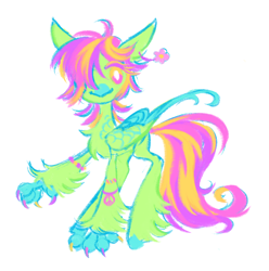 Size: 1814x1826 | Tagged: safe, artist:webkinzworldz, oc, oc only, oc:happy daze (webkinzworldz), hippogriff, ambiguous gender, bracelet, chest fluff, colored claws, colored eyelashes, colored hooves, colored paws, colored wings, colored wingtips, concave belly, ear fluff, eye clipping through hair, eyelashes, flower, flower on ear, folded wings, green coat, hippogriff oc, jewelry, leg fluff, long legs, long tail, looking at you, messy mane, messy tail, multicolored eyes, multicolored hair, multicolored mane, multicolored tail, peace symbol, simple background, slender, smiling, solo, tail, tall, thin, two toned wings, unshorn fetlocks, white background, wingding eyes, wings