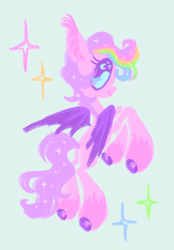 Size: 1390x2000 | Tagged: safe, artist:peaceandlove26, oc, oc only, oc:cosmic dawn (webkinzworldz), bat pony, pony, bat pony oc, big eyes, blue eyes, coat markings, colored hooves, colored pinnae, curly mane, curly tail, ear tufts, eyelashes, gray background, long mane, long mane male, long tail, looking back, male, multicolored hair, multicolored mane, partially open wings, pink coat, purple mane, purple tail, rainbow hair, rearing, shiny hooves, simple background, slender, socks (coat markings), solo, sparkles, sparkly eyes, sparkly mane, sparkly tail, stallion, tail, thin, wingding eyes, wings