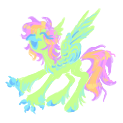 Size: 2000x2000 | Tagged: safe, artist:webkinzworldz, oc, oc only, oc:happy daze (webkinzworldz), hippogriff, ambiguous gender, beak, chest fluff, colored hooves, colored paws, colored wings, concave belly, ear fluff, eye clipping through hair, eyes closed, green coat, hippogriff oc, leg fluff, lineless, long legs, long mane, long tail, messy mane, messy tail, multicolored hair, multicolored tail, open beak, open mouth, open smile, simple background, slender, smiling, solo, spread wings, stretching, tail, thin, two toned wings, unshorn fetlocks, white background, wings