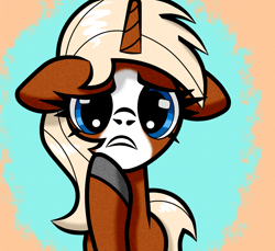 Size: 1200x1100 | Tagged: safe, artist:scandianon, oc, oc only, oc:finnmare, pony, unicorn, concerned, facial markings, female, floppy ears, frown, horn, mare, nation ponies, ponified, solo