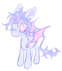 Size: 1115x1281 | Tagged: safe, artist:webkinzworldz, oc, oc:moonflower (webkinzworldz), bat pony, pony, ambiguous gender, big ears, big eyes, chibi, colored pinnae, colored wings, eyelashes, freckles, leonine tail, long tail, multicolored mane, multicolored tail, no mouth, short mane, simple background, spread wings, standing, tail, two toned wings, white background, wingding eyes, wings