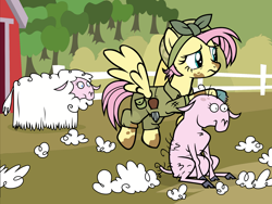 Size: 2048x1536 | Tagged: safe, budge studios, fluttershy, pegasus, pony, sheep, g4, my little pony color by magic, official, the cutie re-mark, .svg available, alternate hairstyle, alternate timeline, apocalypse fluttershy, black outlines, clothes, crystal war timeline, dirty, female, jumpsuit, mare, sheared, shearing, shears, short mane, solo, spread wings, svg, vector, wings, wool