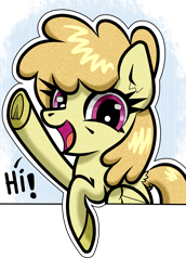 Size: 1100x1600 | Tagged: safe, artist:scandianon, toffee swirl, pegasus, pony, g4, female, looking at you, mare, open mouth, open smile, smiling, solo, talking to viewer, waving