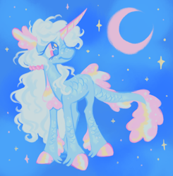 Size: 1566x1598 | Tagged: safe, artist:webkinzworldz, oc, oc only, oc:celine (webkinzworldz), hybrid, merpony, pony, unicorn, big eyes, blue mane, blue skin, colored ears, colored hooves, colored horn, crescent moon, curly mane, ear fluff, fish tail, freckles, frills, horn, long horn, moon, night, pink eyes, ponified, ponified oc, ponytail, profile, scales, shiny hooves, sky background, smiling, solo, sparkles, standing, stars, tail, tied mane, two toned mane, unicorn horn, unicorn oc, unshorn fetlocks, wingding eyes