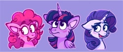 Size: 2048x871 | Tagged: safe, artist:fluttershyfilly-yay, pinkie pie, rarity, twilight sparkle, alicorn, earth pony, pony, unicorn, g4, blush scribble, blushing, bust, cheek fluff, colored pinnae, commission open, cute, eyebrows, eyebrows visible through hair, female, folded wings, horn, looking away, mare, open mouth, open smile, simple background, smiling, trio, twilight sparkle (alicorn), violet background, wings