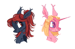 Size: 1444x935 | Tagged: safe, artist:webkinzworldz, oc, oc only, unnamed oc, pegasus, unicorn, ambiguous gender, big ears, big eyes, blaze (coat marking), blonde mane, blue eyes, blushing, bust, chest fluff, coat markings, colored horn, colored wings, duo, ear fluff, ear tufts, eyeshadow, facial markings, freckles, horn, long horn, looking at someone, makeup, pegasus oc, pink mane, ponytail, profile, red eyes, red mane, shoulder fluff, simple background, smiling, straight mane, two toned mane, unicorn horn, unicorn oc, white background, wingding eyes, wings, yellow mane