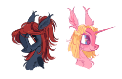 Size: 1444x935 | Tagged: safe, artist:peaceandlove26, oc, oc only, unnamed oc, pegasus, unicorn, ambiguous gender, big ears, big eyes, blaze (coat marking), blonde mane, blue eyes, blushing, bust, chest fluff, coat markings, colored horn, colored wings, duo, ear fluff, ear tufts, eyeshadow, facial markings, freckles, horn, long horn, looking at someone, makeup, pegasus oc, pink mane, ponytail, profile, red eyes, red mane, shoulder fluff, simple background, smiling, straight mane, two toned mane, unicorn horn, unicorn oc, white background, wingding eyes, wings, yellow mane