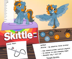 Size: 4000x3300 | Tagged: safe, artist:lbrcloud, oc, oc:skittle, pegasus, pony, asexual pride flag, holding a pony, implied twilight sparkle, micro, nonbinary pride flag, pegasus oc, pride, pride flag, reference sheet, tiny, tiny ponies, underhoof