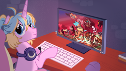 Size: 3000x1688 | Tagged: safe, artist:nika-rain, oc, oc:daylight rosette, pony, unicorn, computer, headphones, horn, keyboard, looking at you, looking back, microphone, monitor, playing, show accurate, smiling, smiling at you, solo, vector, video game