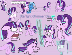 Size: 6500x5000 | Tagged: safe, artist:sketchyboi25, starlight glimmer, trixie, pony, unicorn, g4, :i, colored background, doodle, equal cutie mark, female, horn, i mean i see, lesbian, long glimmer, long pony, mare, multiple, quiet, ship:startrix, shipping, smol, staff, staff of sameness, starlight glimmer day, vein, vein bulge