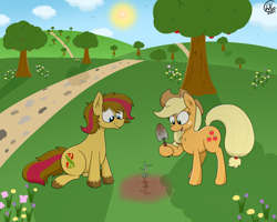 Size: 5000x4000 | Tagged: safe, artist:lukewarmluke, applejack, oc, earth pony, pony, g4, apple, apple tree, detailed background, digital art, dirt, duo, earth pony oc, field, flower, gardening, hill, sapling, scenery, shovel, sidewalk, sun, trail, tree, wholesome