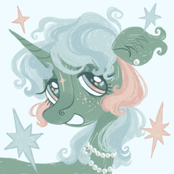 Size: 1000x1000 | Tagged: safe, artist:peaceandlove26, oc, oc only, oc:seabright, pony, unicorn, blue background, blue mane, bust, coat markings, curly mane, ear fluff, ear tufts, eyelashes, facial markings, female, freckles, green coat, horn, jewelry, looking away, mare, multicolored eyes, multicolored mane, necklace, open mouth, open smile, pearl necklace, portrait, simple background, smiling, snip (coat marking), solo, star (coat marking), stars, unicorn horn, unicorn oc, wingding eyes