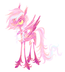 Size: 1492x1664 | Tagged: safe, artist:peaceandlove26, oc, oc only, unnamed oc, pegasus, pony, ambiguous gender, big eyes, chest fluff, coat markings, colored sclera, colored wings, colored wingtips, ear tufts, eyelashes, lanky, leopard print, long legs, long mane, long tail, messy mane, messy tail, multicolored coat, multicolored mane, multicolored tail, multicolored wings, open mouth, open smile, orange eyes, partially open wings, pegasus oc, simple background, skinny, smiling, socks (coat markings), solo, tail, tall, thin, thin legs, unshorn fetlocks, white background, wings, yellow sclera