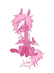 Size: 1031x1372 | Tagged: safe, oc, oc only, unnamed oc, pegasus, pony, ambiguous gender, chibi, coat markings, colored muzzle, colored wings, colored wingtips, dot eyes, ear tufts, leopard print, long mane, long tail, messy mane, messy tail, multicolored wings, no mouth, pegasus oc, simple background, sitting, small wings, socks (coat markings), solo, spread wings, tail, two toned mane, two toned tail, white background, wings