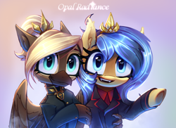 Size: 2953x2148 | Tagged: safe, artist:opal_radiance, oc, oc only, oc:skyé, oc:vivienne discret, earth pony, griffon, pony, equestria at war mod, clothes, commission, duo, duo female, female, gradient background, high res, looking at you, open mouth, partially open wings, pointing, raised hoof, smiling, text, wings