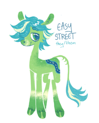 Size: 1048x1294 | Tagged: safe, artist:webkinzworldz, oc, oc only, oc:easy street, earth pony, pony, beanbrows, blue text, coat markings, colored eyebrows, colored muzzle, ear fluff, earth pony oc, eyebrows, eyebrows visible through hair, gradient ears, green coat, green eyes, leonine tail, looking at you, nonbinary, profile, shiny hooves, short mane, simple background, solo, tail, tail fluff, text, two toned mane, two toned tail, unshorn fetlocks, white background, wingding eyes