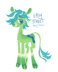 Size: 1048x1294 | Tagged: safe, artist:peaceandlove26, oc, oc only, oc:easy street, earth pony, pony, beanbrows, blue text, coat markings, colored eyebrows, colored muzzle, ear fluff, earth pony oc, eyebrows, eyebrows visible through hair, gradient ears, green coat, green eyes, leonine tail, looking at you, nonbinary, profile, shiny hooves, short mane, simple background, solo, tail, tail fluff, text, two toned mane, two toned tail, unshorn fetlocks, white background, wingding eyes