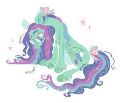 Size: 1302x1100 | Tagged: safe, artist:webkinzworldz, oc, oc only, unnamed oc, caterpillar, earth pony, pony, bow, colored eyebrows, colored hooves, colored pinnae, curly mane, curly tail, ear fluff, earth pony oc, female, glasses, green coat, hair bow, long mane, looking down, mare, multicolored eyes, multicolored mane, multicolored tail, round glasses, shiny hooves, simple background, smiling, sparkles, sparkly mane, sparkly tail, tail, tail bow, unshorn fetlocks, white background, wingding eyes