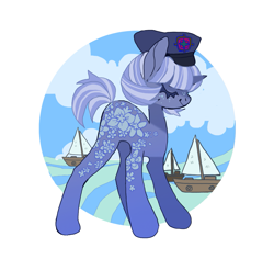 Size: 1153x1090 | Tagged: safe, artist:cutesykill, oc, oc:seaflower (cutesykill), pony, unicorn, big ears, blue coat, blue mane, blue tail, boat, bob, captain hat, circle background, cloud, coat markings, colored eyelashes, concave belly, day, eyes closed, female, freckles, hat, horn, long legs, mare, ocean, profile, sailboat, short mane, short tail, simple background, sky, slender, small horn, smiling, solo, standing, tail, thick eyelashes, thin, two toned mane, two toned tail, unicorn oc, water, white background