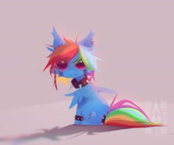 Size: 1280x1063 | Tagged: safe, artist:blcksswn, rainbow dash, pegasus, pony, g4, :<, abstract background, alternate hairstyle, angry, big eyes, collar, ear fluff, ear piercing, ear tufts, earring, emo, female, frown, gauges, industrial piercing, jewelry, looking at you, looking back, looking back at you, makeup, mare, messy mane, multicolored hair, multicolored mane, multicolored tail, narrowed eyes, piercing, pink eyes, rainbow dash is not amused, rainbow hair, rainbow tail, running makeup, shadow, short hair rainbow dash, short mane, signature, sitting, small wings, smoldash, solo, spiked collar, spiked wristband, spread wings, tail, tail collar, tied tail, unamused, watermark, wingding eyes, wings, wristband
