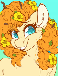 Size: 1842x2400 | Tagged: safe, artist:thehaywaiianhorse, pear butter, earth pony, pony, g4, the perfect pear, bust, cheek fluff, colored, digital art, ear fluff, eye clipping through hair, eyebrows, eyebrows visible through hair, female, flat colors, high res, lineart, looking at you, mare, portrait, smiling, smiling at you, solo