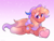 Size: 4902x3760 | Tagged: safe, artist:madelinne, oc, oc only, oc:peaches, unicorn, bow, feather, gradient background, hat, heart, horn, lying down, smiling, solo, unicorn oc