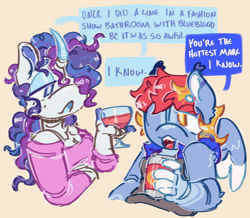 Size: 1450x1265 | Tagged: safe, artist:tottallytoby, rainbow dash, rarity, pegasus, pony, unicorn, anthro, g4, alcohol, alternate color palette, alternate design, alternate eye color, alternate hair color, alternate hairstyle, beanbrows, beer, beer can, big eyes, blaze (coat marking), blushing, clothes, coat markings, cocaine, colored eartips, colored mouth, colored pinnae, colored wings, colored wingtips, curly mane, dialogue, drink, drugs, duo, duo female, ear fluff, ear tufts, elbow fluff, eye clipping through hair, eyebrows, eyebrows visible through hair, eyeshadow, facial markings, fangs, female, glass, hair over one eye, holding, hoof hands, horn, horn jewelry, implied blueblood, jewelry, lesbian, lidded eyes, long sleeves, looking at each other, looking at someone, makeup, mare, multicolored mane, neck fluff, open mouth, open smile, orange eyes, purple eyes, purple mane, ship:raridash, shipping, shoulderless, simple background, small wings, smiling, speech bubble, spread wings, talking, tank top, two toned wings, wall of tags, white coat, white wingtips, wine, wine glass, wings, yellow background