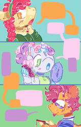 Size: 1223x1920 | Tagged: safe, artist:tottallytoby, apple bloom, scootaloo, sweetie belle, earth pony, pegasus, pony, unicorn, anthro, g4, alternate color palette, alternate design, alternate hairstyle, arm fluff, beanbrows, blushing, braid, braided ponytail, chest fluff, clothes, colored ears, colored eartips, colored eyebrows, colored muzzle, colored pinnae, colored tongue, comic strip, curly mane, curved horn, cutie mark crusaders, dialogue box, ear fluff, ear piercing, earring, eye clipping through hair, eyebrows, eyebrows visible through hair, facial markings, female, green eyes, hair bun, hand mirror, headband, hoof hands, horn, jewelry, long sleeves, looking back, looking down, mare, mirror, older, older apple bloom, older cmc, older scootaloo, older sweetie belle, open mouth, orange coat, orange eyes, phone, phone call, piercing, ponytail, profile, purple eyes, purple mane, red mane, short mane, shoulder fluff, shoulderless, splotches, talking, texting, tongue out, trio, trio female, two toned mane, unicorn horn, wall of tags, white coat, wingding eyes, yellow coat