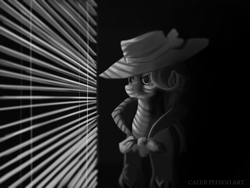 Size: 4000x3000 | Tagged: safe, artist:calebpedigo, rarity, pony, unicorn, g4, black and white, blinds, bust, clothes, coat, detective rarity, female, grayscale, hat, high res, horn, looking out the window, mare, monochrome, noir, solo, window blinds