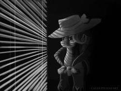 Size: 4000x3000 | Tagged: safe, artist:calebpedigo, rarity, pony, unicorn, g4, black and white, blinds, bust, clothes, coat, detective, detective rarity, female, grayscale, hat, high res, horn, looking out the window, mare, monochrome, noir, solo, window blinds