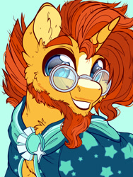 Size: 1800x2400 | Tagged: safe, artist:thehaywaiianhorse, sunburst, pony, unicorn, g4, beard, bust, cheek fluff, chest fluff, cloak, clothes, coat markings, colored, cute, digital art, ear fluff, facial hair, flat colors, fluffy, glasses, horn, looking at you, male, messy hair, paint tool sai, portrait, smiling, smiling at you, solo, stallion, stars, sunbetes, wizard