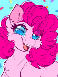 Size: 1800x2400 | Tagged: safe, artist:thehaywaiianhorse, pinkie pie, earth pony, pony, g4, blue background, bust, cheek fluff, chest fluff, confetti, curly hair, cute, diapinkes, digital art, ear fluff, eye clipping through hair, eyebrows, eyebrows visible through hair, female, fluffy, food, happy, high res, looking at you, mare, open mouth, open smile, portrait, simple background, smiling, smiling at you, solo, sprinkles