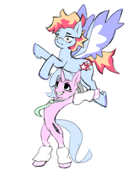 Size: 1017x1272 | Tagged: safe, artist:chiefywiffy, oc, oc:chiefy, pegasus, unicorn, belly, bipedal, clothes, concave belly, ear piercing, epic wife tossing, horn, leg warmers, necktie, piercing, simple background, spread wings, white background, wings