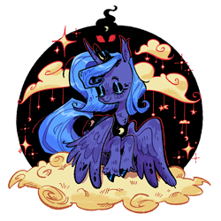 Size: 1080x1080 | Tagged: safe, artist:batzy-artz, princess luna, alicorn, pony, g4, alternate hairstyle, blue mane, blue tail, blush scribble, blushing, circle background, cloud, cluod, colored eartips, colored hooves, crown, ear fluff, ear tufts, eyes closed, eyeshadow, female, freckles, horn, jewelry, long tail, makeup, mare, neck fluff, on a cloud, peytral, purple coat, red eyes, regalia, s1 luna, shiny hooves, short mane, simple background, sitting, sitting on a cloud, smiling, solo, sparkles, stars, tail, tiara, unicorn horn, unshorn fetlocks, white background, wing fluff, wing freckles, wings, wings down