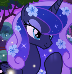 Size: 1080x1108 | Tagged: safe, artist:cstrawberrymilk, princess luna, alicorn, pony, g4, alternate hairstyle, beautiful, closed mouth, cute, ethereal mane, eyeshadow, female, flower, flower in hair, folded wings, lidded eyes, makeup, mare, missing accessory, show accurate, slender, smiling, solo, sparkly mane, teal eyes, thin, wings
