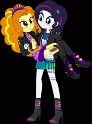 Size: 1512x2048 | Tagged: safe, artist:flamingdash, adagio dazzle, oc, oc:ardi, human, equestria girls, g4, black background, blushing, boots, bruised, canon x oc, carrying, clothes, duo, eyeshadow, female, lesbian, looking at each other, looking at someone, makeup, not rarity, shipping, shoes, simple background, smiling